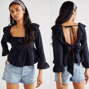 Free People Tulla babydoll open back long sleeve blouse black